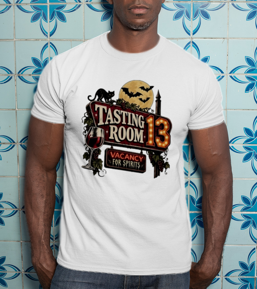 Tasting Room 13 Vacancy For Spirits Halloween Wine Moon Bats Cat T-Shirt
