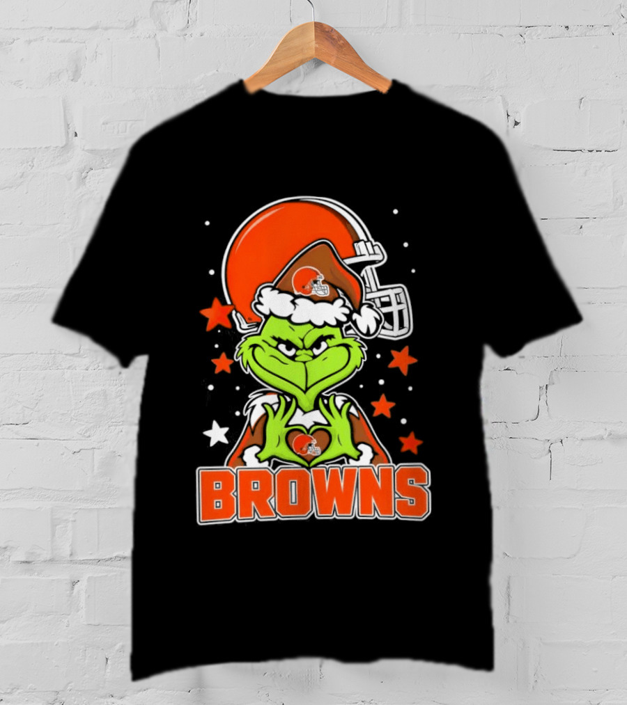 Grinch Heart Love Cleveland Browns Christmas Football T-Shirt