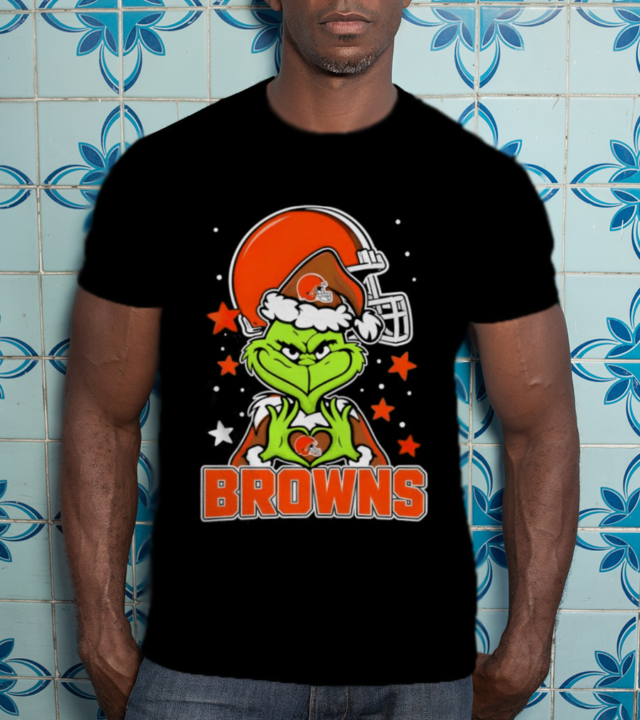 Grinch Heart Love Cleveland Browns Christmas Football T-Shirt