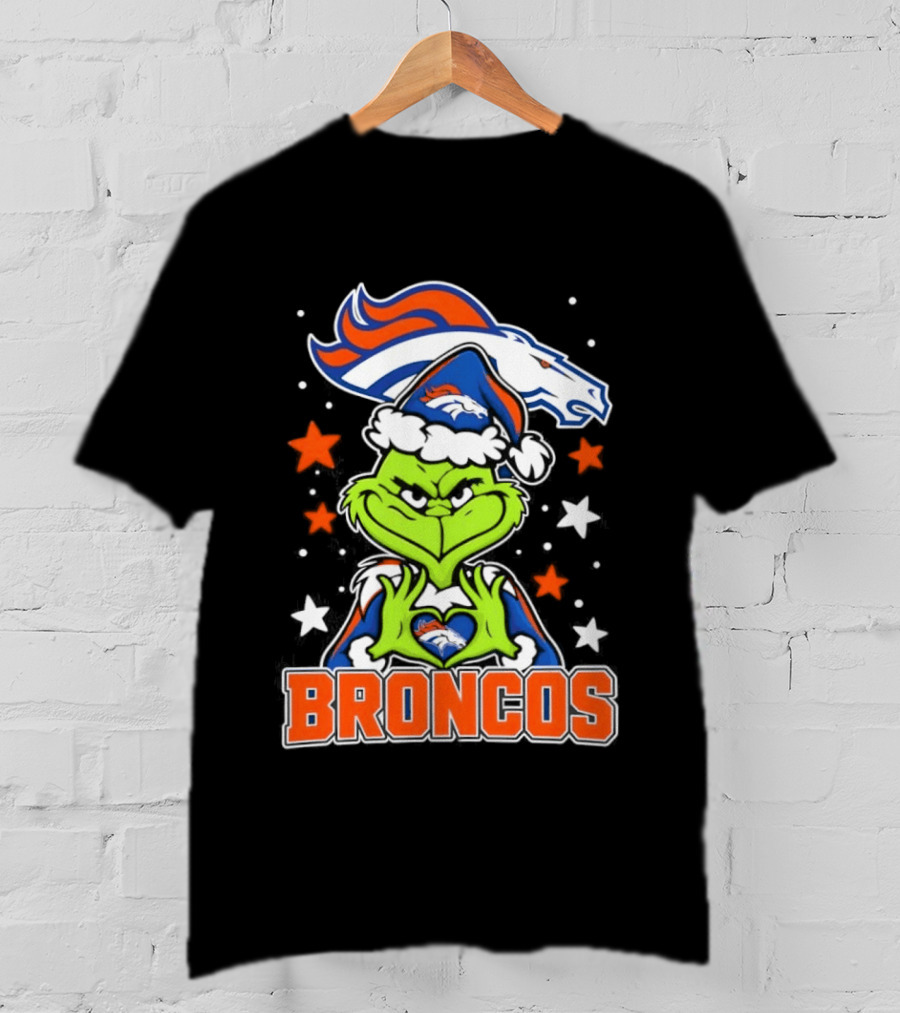 Broncos Christmas Grinch Heart Hands Love Denver Football T-Shirt