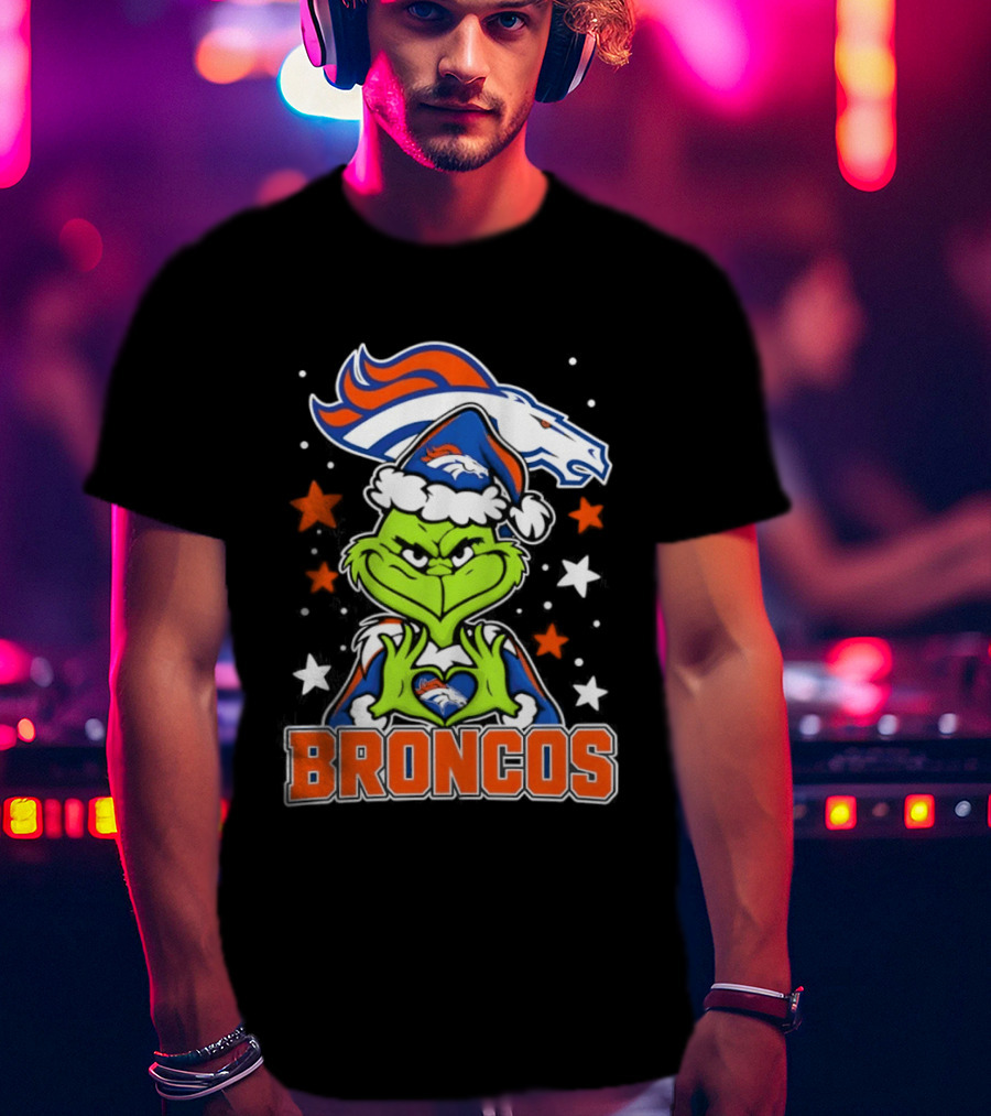 Broncos Christmas Grinch Heart Hands Love Denver Football T-Shirt