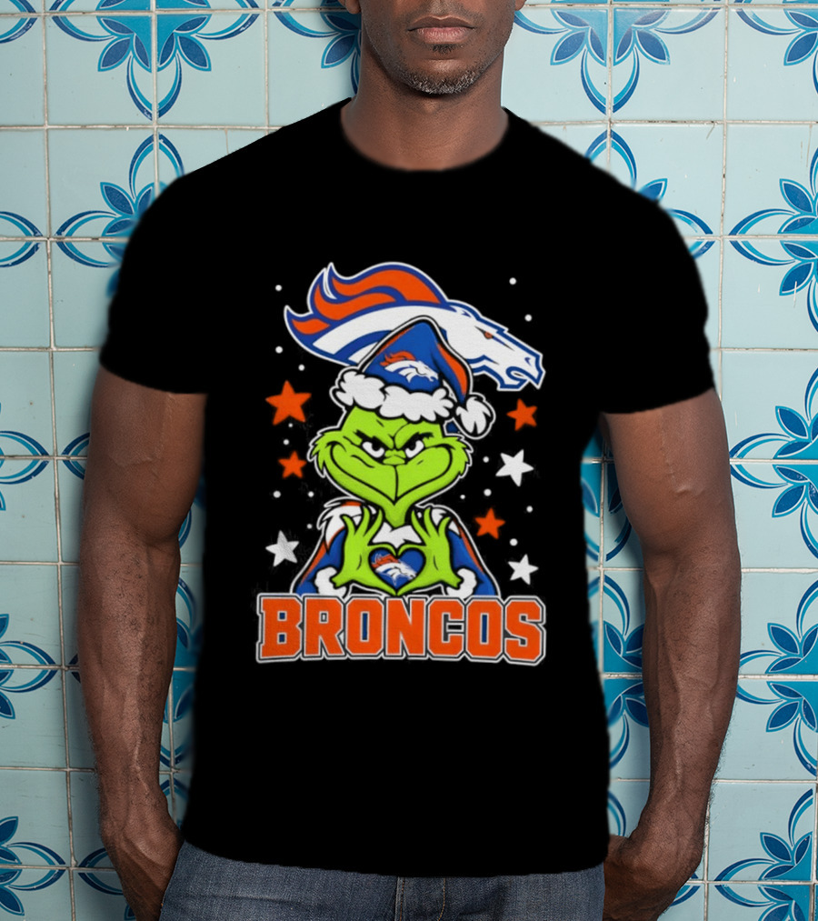 Broncos Christmas Grinch Heart Hands Love Denver Football T-Shirt