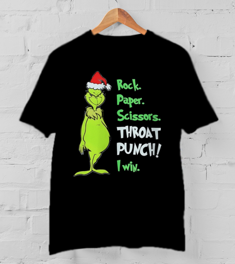 Rock Paper Scissors Throat Punch I Win Grinch With Santa Hat T-Shirt