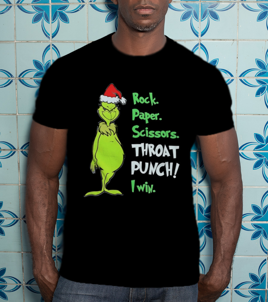Rock Paper Scissors Throat Punch I Win Grinch With Santa Hat T-Shirt