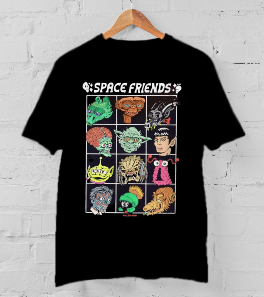 Space Friends Killer Acid Sci Fi Collage Alien Monster Characters T-Shirt