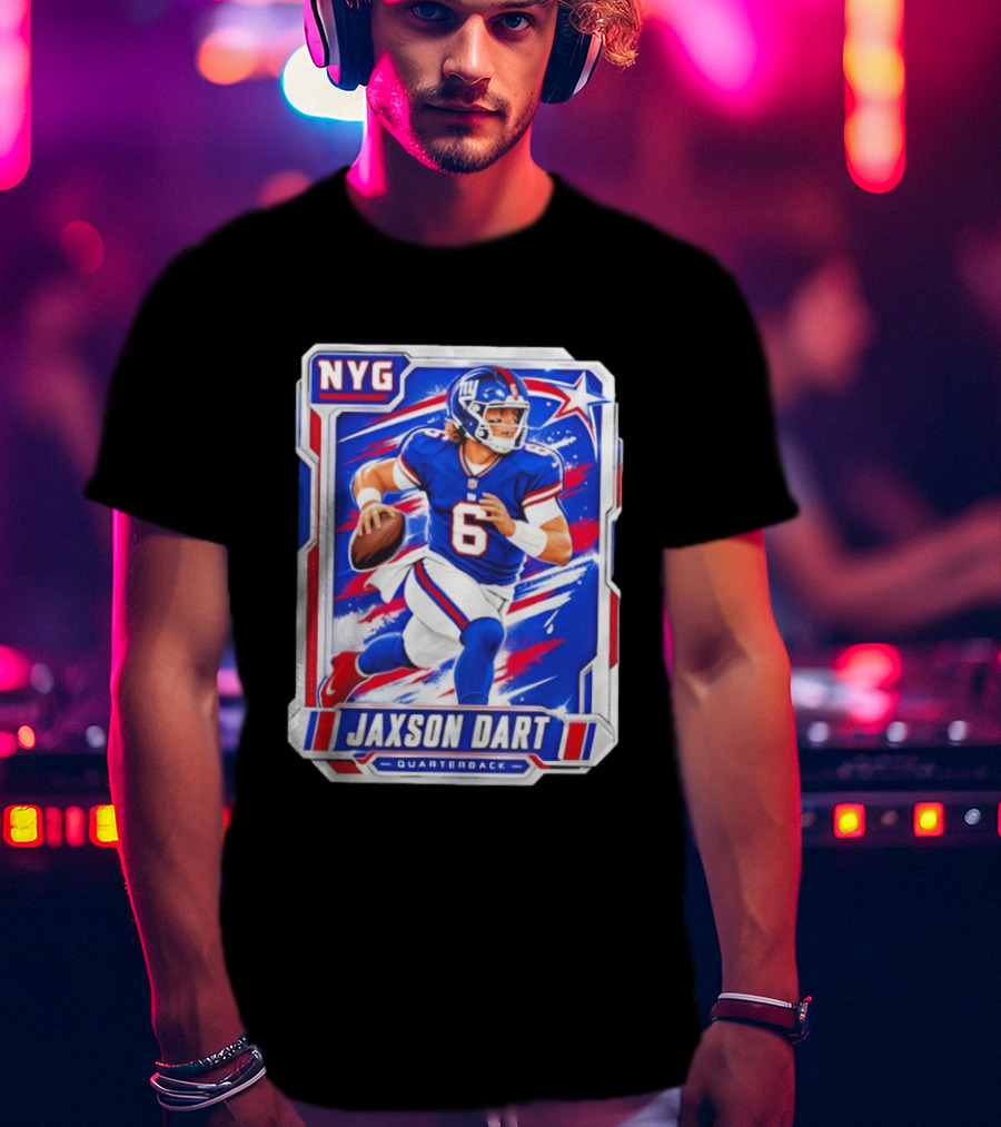 NYG Jaxson Dart 2026 Trading Card Blue Jersey Quarterback T-Shirt