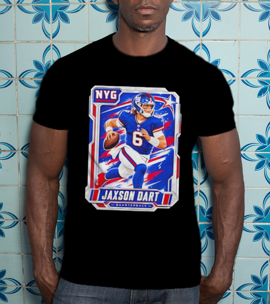 NYG Jaxson Dart 2026 Trading Card Blue Jersey Quarterback T-Shirt