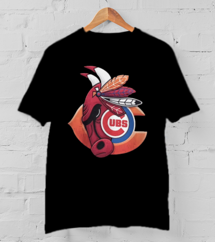 Chicago Bears Cubs Red Bull Native American Headdress T-Shirt