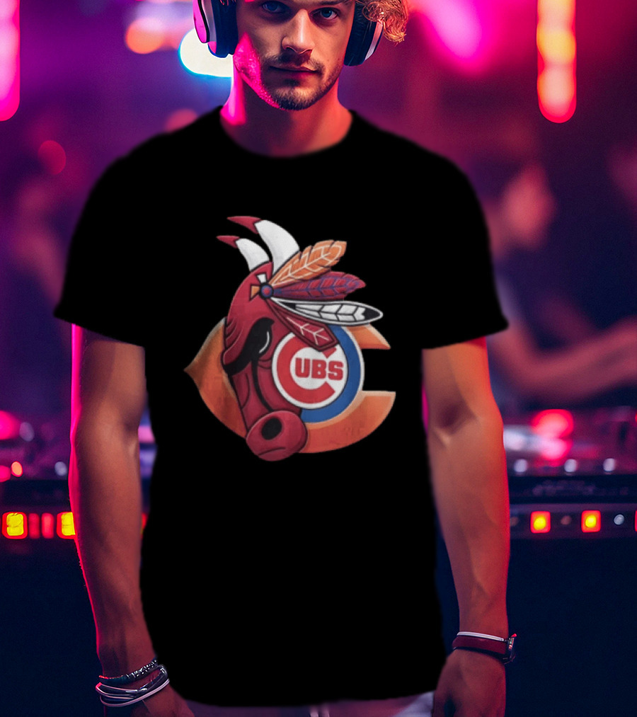 Chicago Bears Cubs Red Bull Native American Headdress T-Shirt