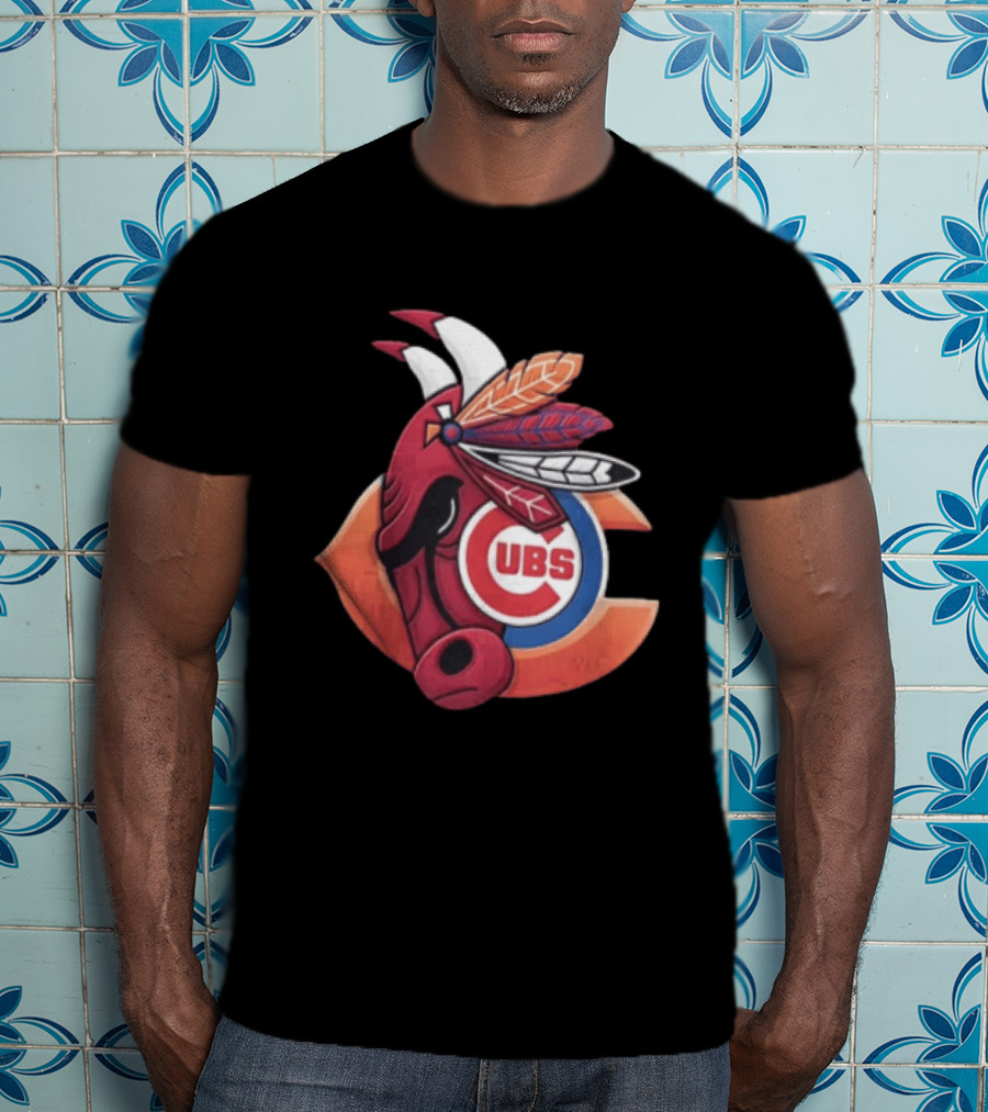 Chicago Bears Cubs Red Bull Native American Headdress T-Shirt