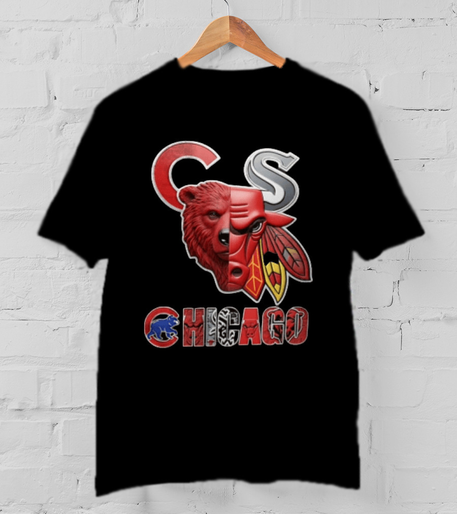 Chicago Cubs Bulls Blackhawks Split Face Bear Bull T-Shirt