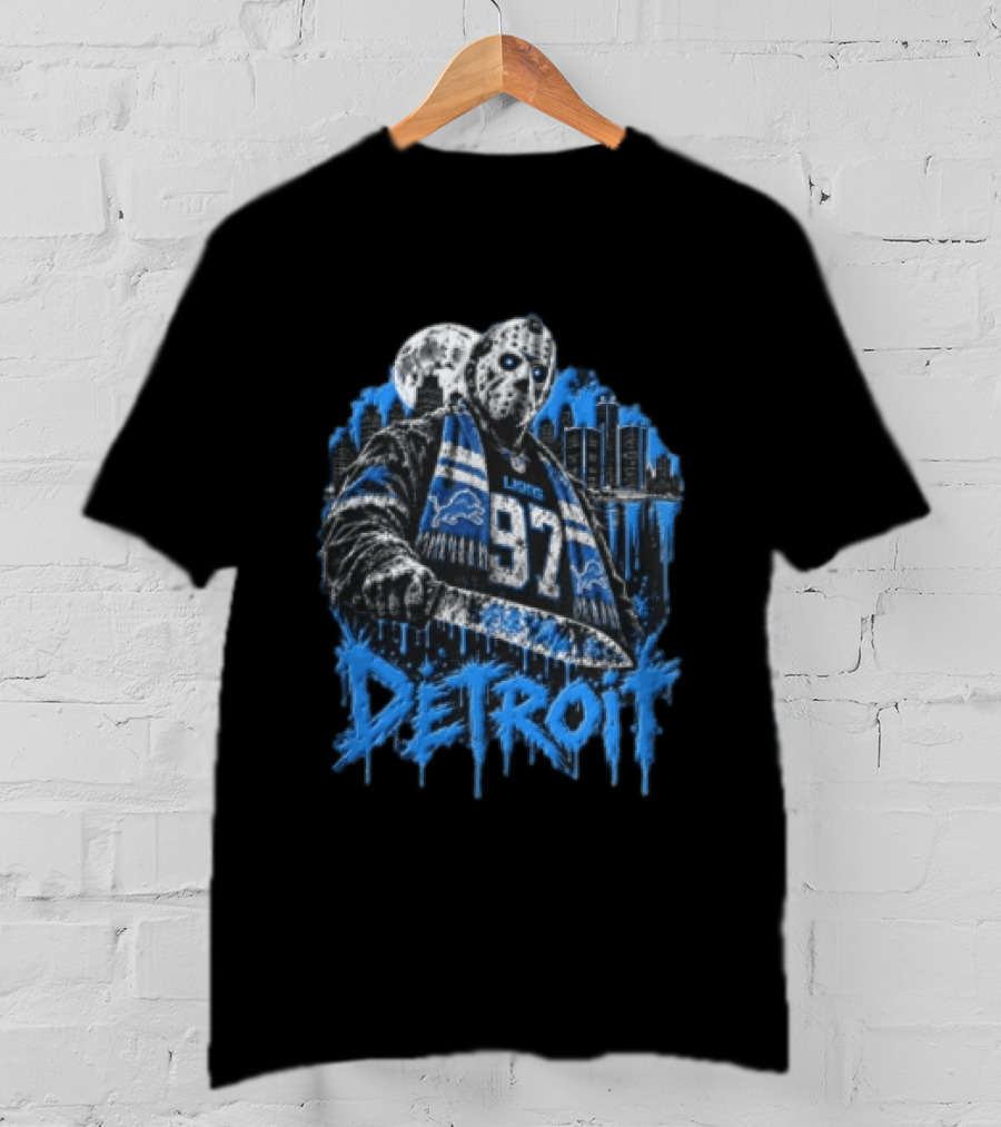 Detroit Lions Aidan Hutchinson 97 Jason Voorhees Knife Detroit Skyline Lions T-Shirt