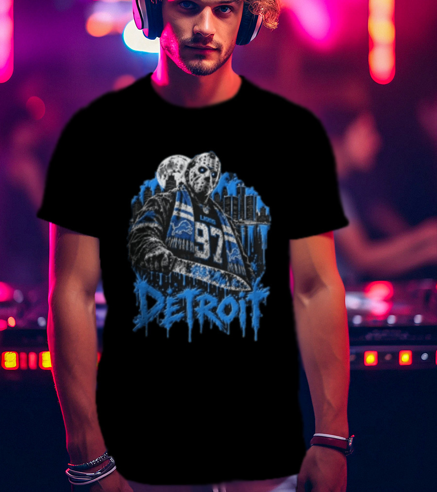 Detroit Lions Aidan Hutchinson 97 Jason Voorhees Knife Detroit Skyline Lions T-Shirt
