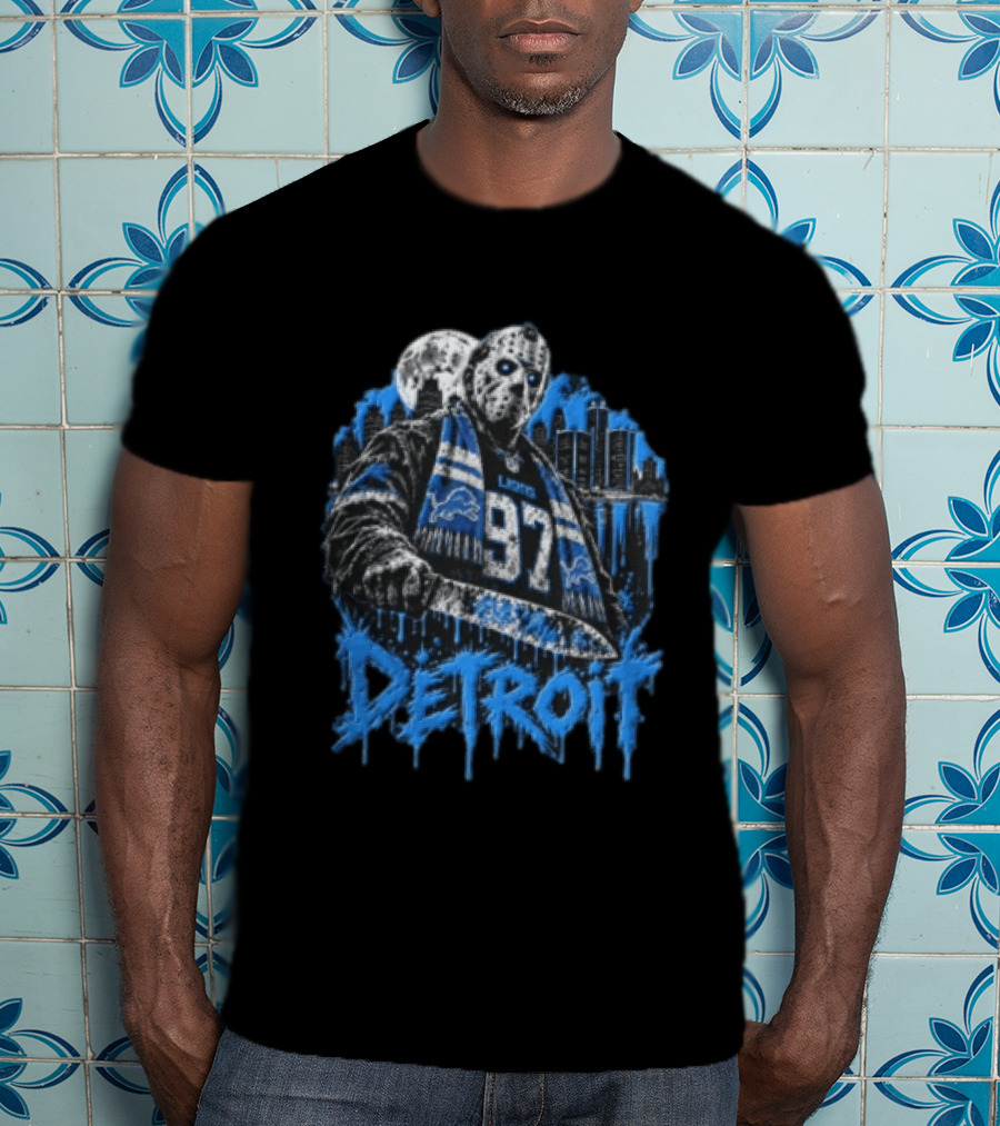 Detroit Lions Aidan Hutchinson 97 Jason Voorhees Knife Detroit Skyline Lions T-Shirt