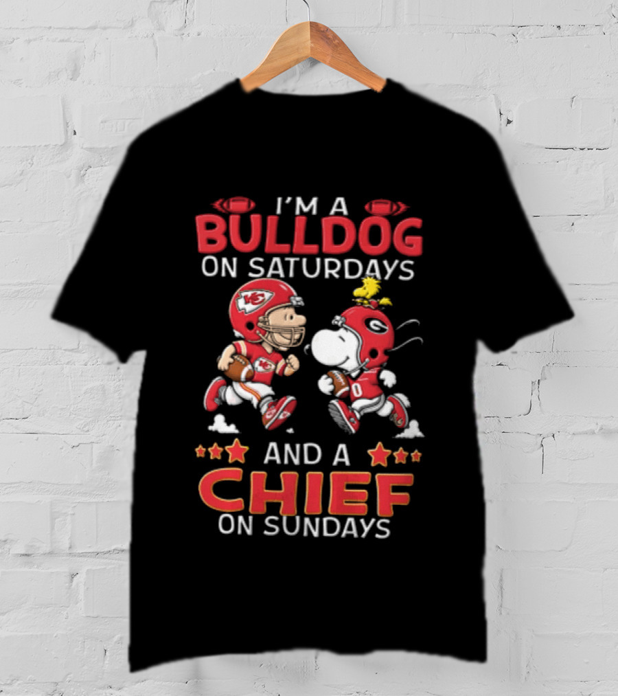 I'm A Bulldog On Saturdays And A Chief On Sundays Charlie Brown Snoopy Woodstock T-Shirt