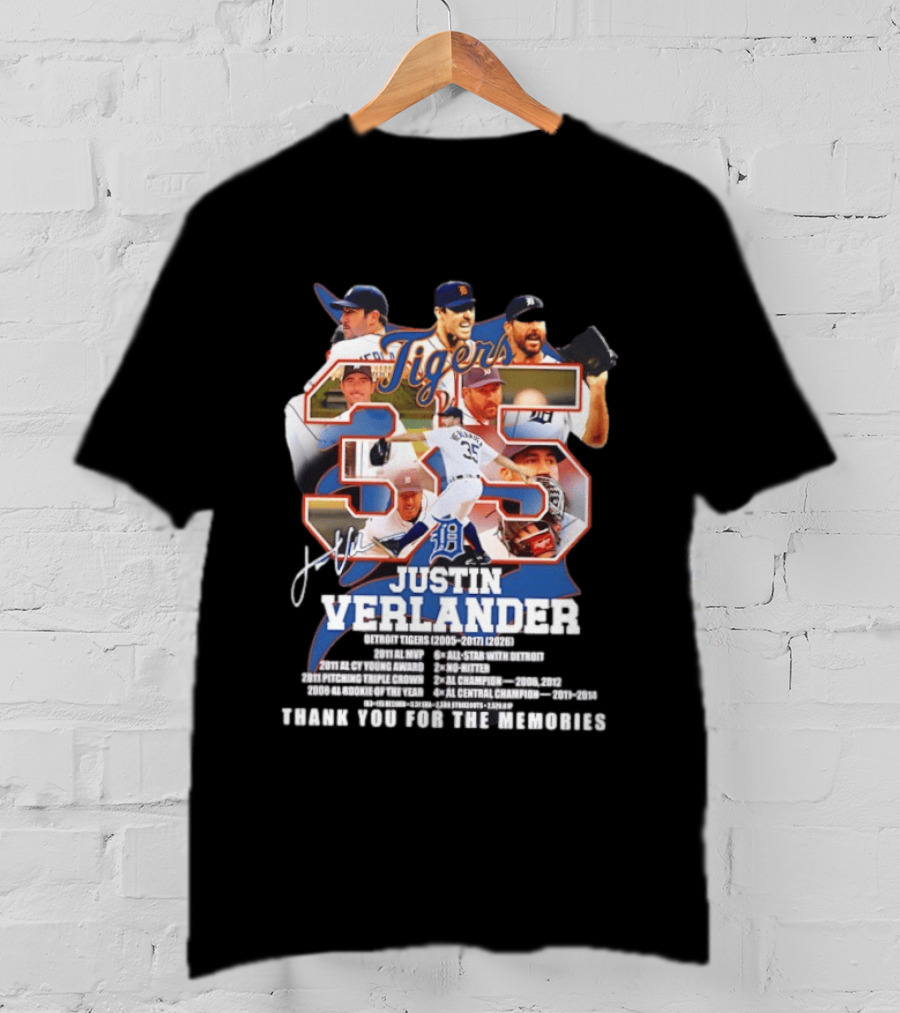 Detroit Tigers Justin Verlander 35 Thank You For The Memories 2026 T-Shirt
