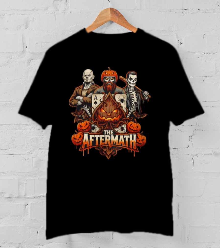 The Aftermath Halloween Pumpkin Trio With Cards Skeleton And Bald Man 2026 T-Shirt