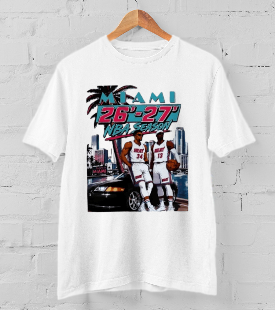 Miami Heat 26 27 NBA Season Palm Trees Skyline Players T-Shirt