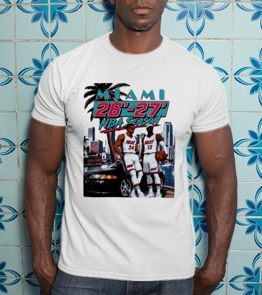 Miami Heat 26 27 NBA Season Palm Trees Skyline Players T-Shirt