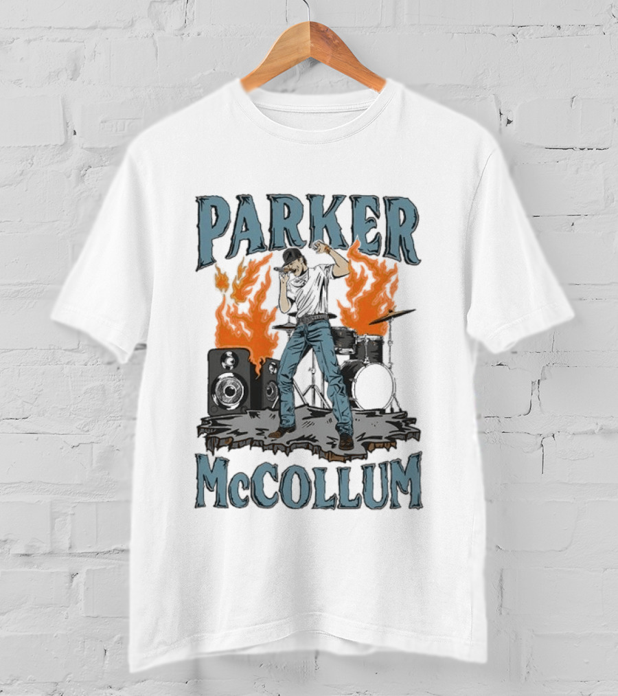 Parker Mccollum Cartoon Flames Concert Scene With Drums And Speakers T-Shirt