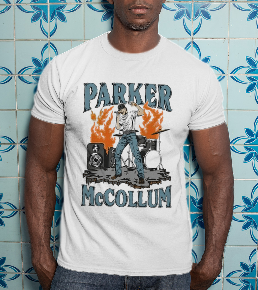 Parker Mccollum Cartoon Flames Concert Scene With Drums And Speakers T-Shirt