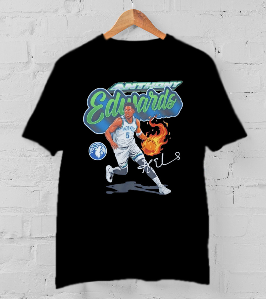 Anthony Edwards Wolves Cursive Script Basketball Flame Edit T-Shirt