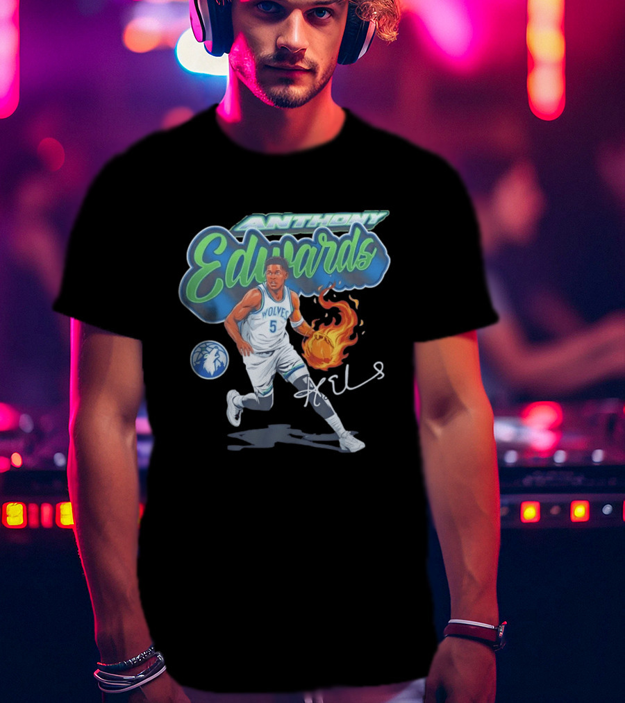 Anthony Edwards Wolves Cursive Script Basketball Flame Edit T-Shirt