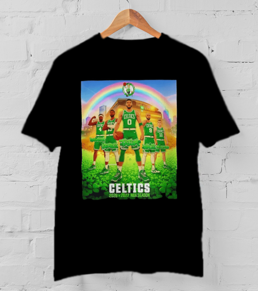 Boston Celtics 2026 2027 NBA Season Tatum George White Robinson Pritchard Basketball Team Players Under Rainbow Scene T-Shirt