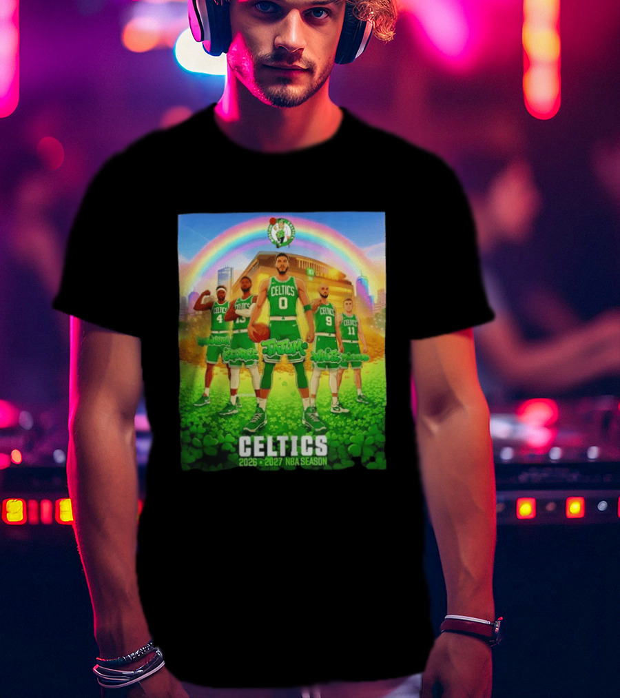 Boston Celtics 2026 2027 NBA Season Tatum George White Robinson Pritchard Basketball Team Players Under Rainbow Scene T-Shirt