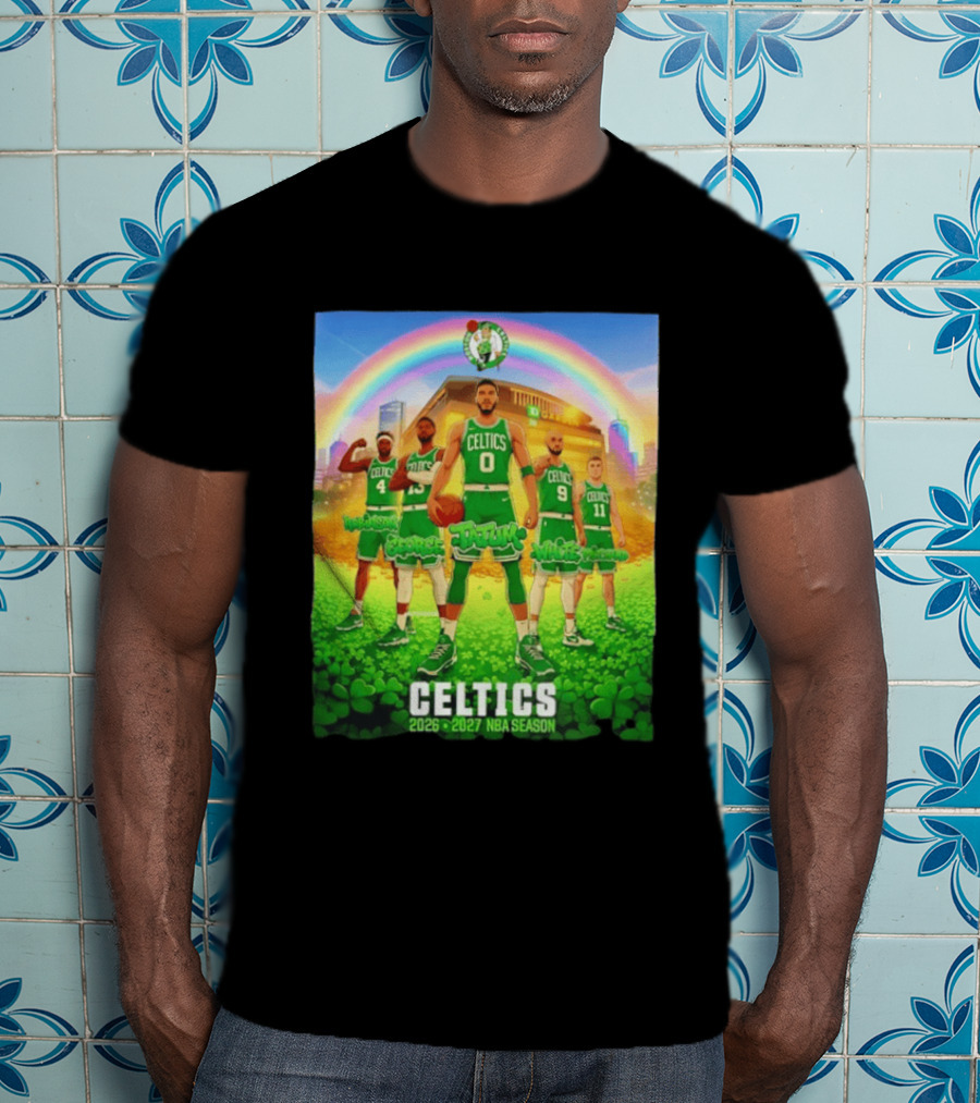Boston Celtics 2026 2027 NBA Season Tatum George White Robinson Pritchard Basketball Team Players Under Rainbow Scene T-Shirt