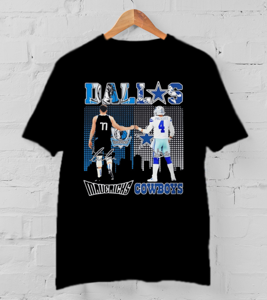 Dallas Mavericks Cowboys Skyline Signatures Luka Doncic Dak Prescott T-Shirt
