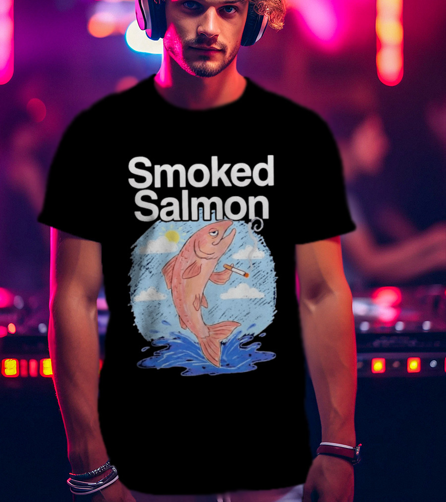 Smoked Salmon Smoking Fish Humorous Cartoon Design With Cloud And Water T-Shirt