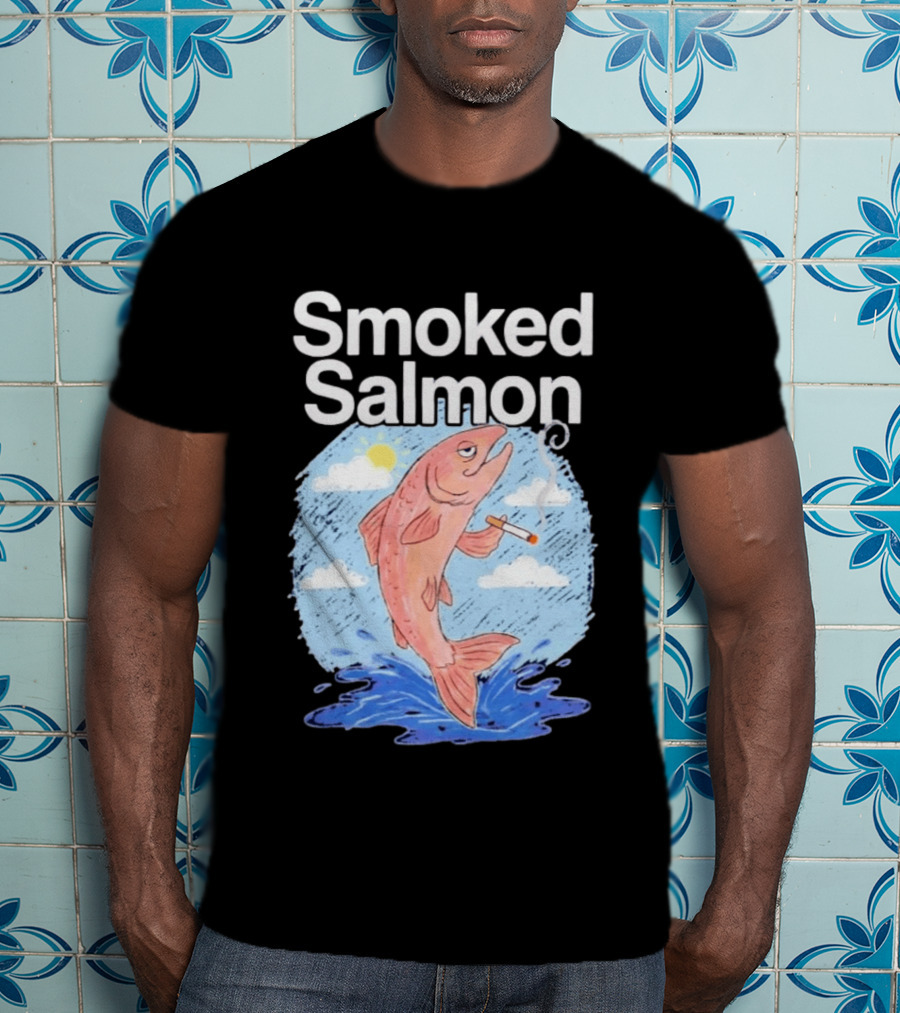 Smoked Salmon Smoking Fish Humorous Cartoon Design With Cloud And Water T-Shirt