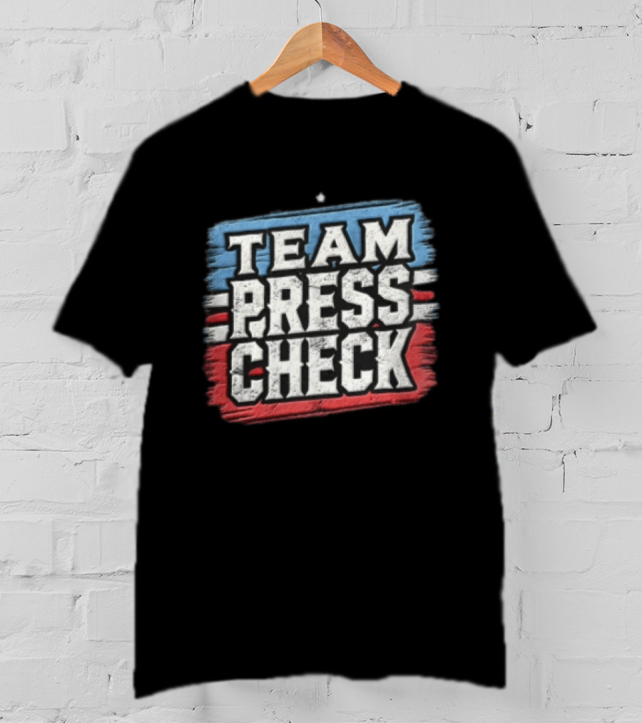 Team Press Check Bold Text On Red And Blue Stripes T-Shirt