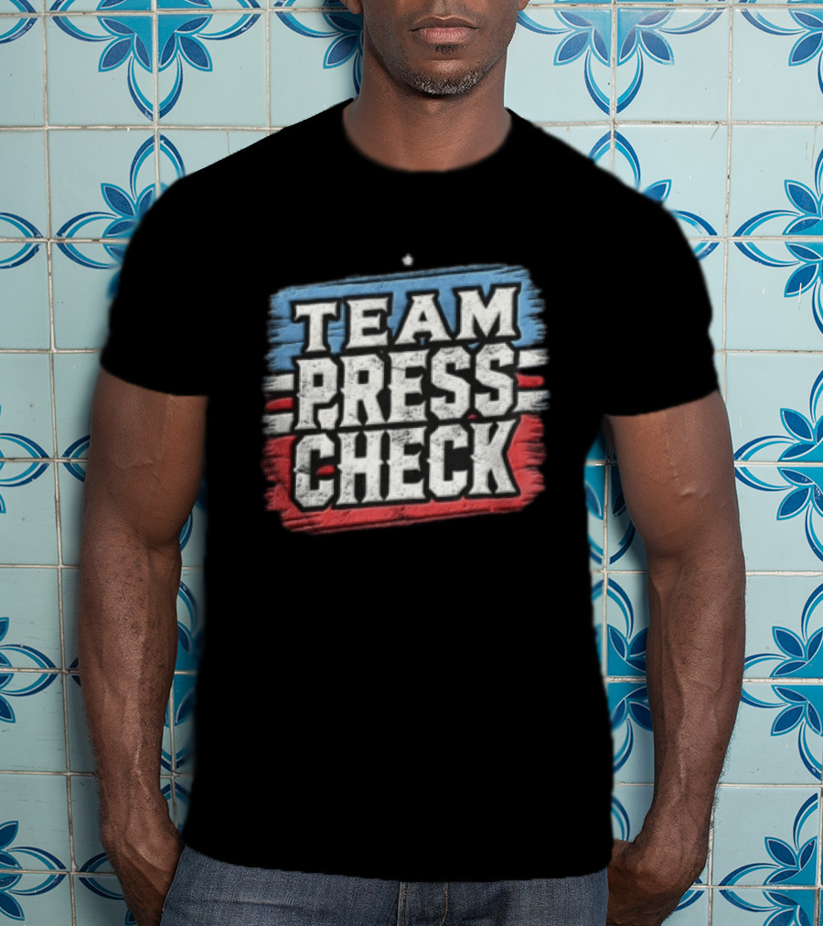 Team Press Check Bold Text On Red And Blue Stripes T-Shirt