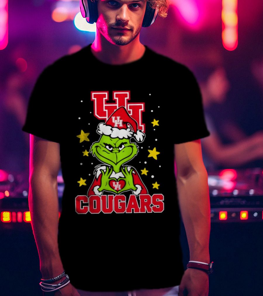 Grinch UH Houston Cougars Christmas Santa Hat Snow Stars T-Shirt