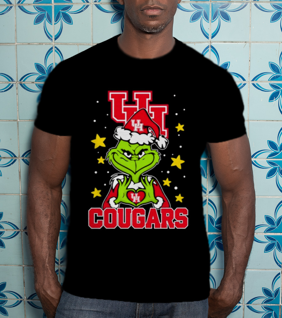 Grinch UH Houston Cougars Christmas Santa Hat Snow Stars T-Shirt