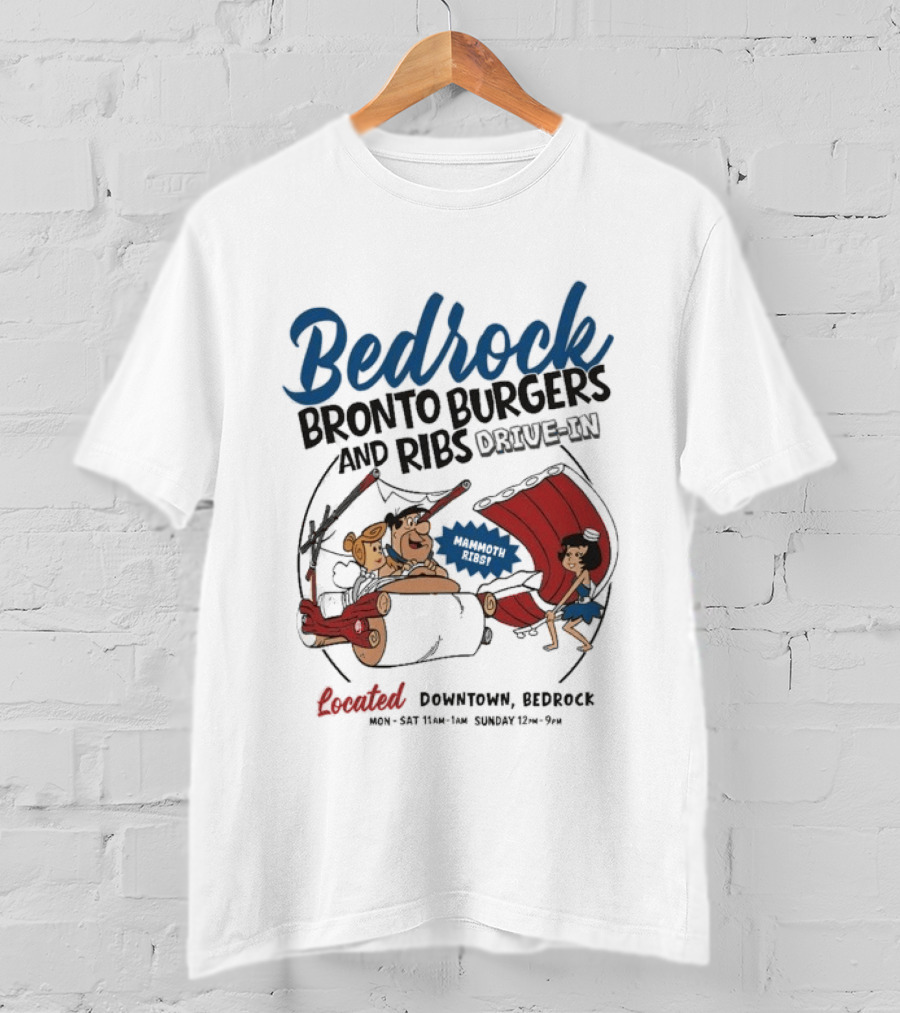 Bedrock Bronto Burgers And Ribs Drive In Downtown Bedrock Fred Flintstone Car And Dino Ribs T-Shirt