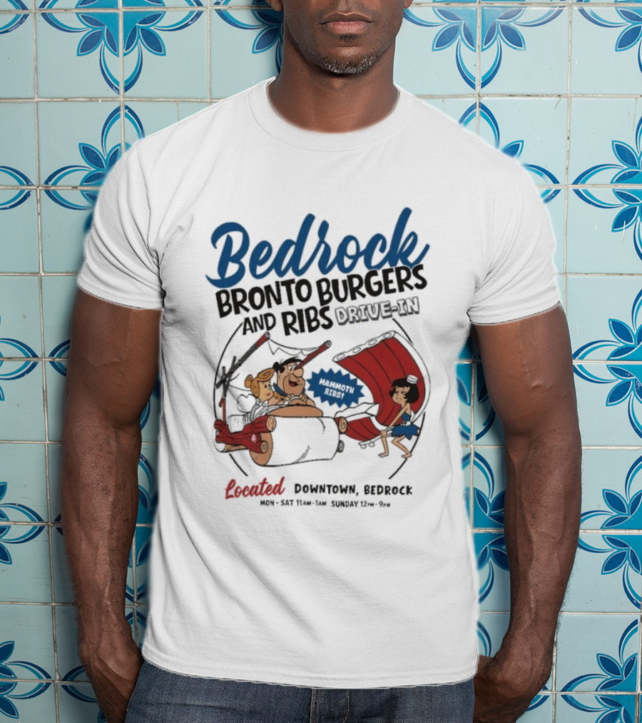 Bedrock Bronto Burgers And Ribs Drive In Downtown Bedrock Fred Flintstone Car And Dino Ribs T-Shirt