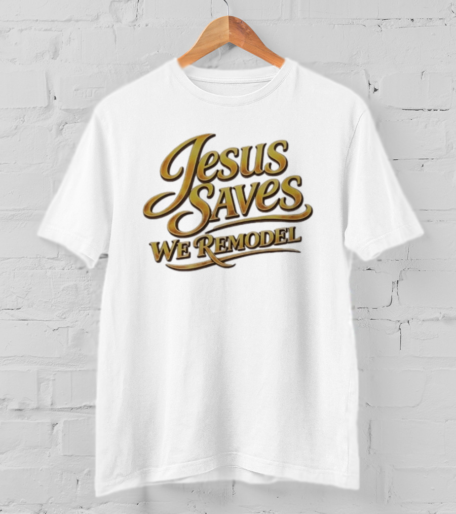 Jesus Saves We Remodel Bold Gold Christian Inspirational Phrase T-Shirt