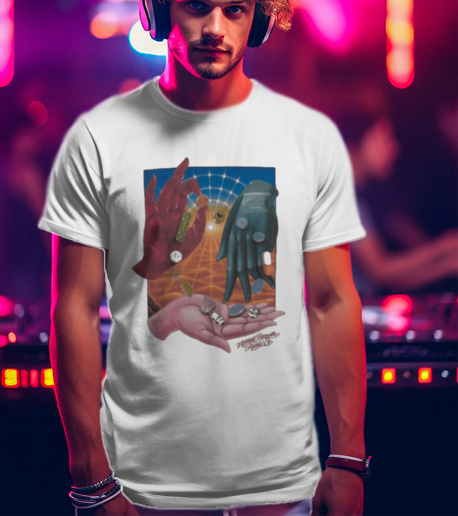 Nothing Personal X Asaali Surreal Hands With Coins And Geometric Grid T-Shirt