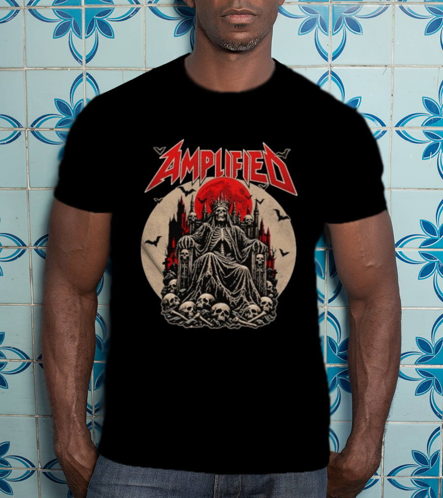 Amplified King Of Skulls Throne Undead Bats Gothic Red Moon T-Shirt