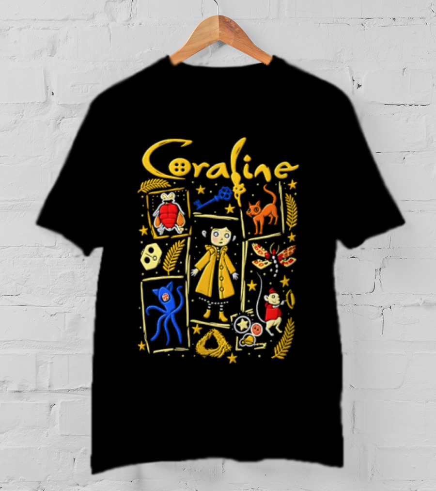 Coraline Characters Key Yellow Coat Cat Other Mother Neil Gaiman T-Shirt