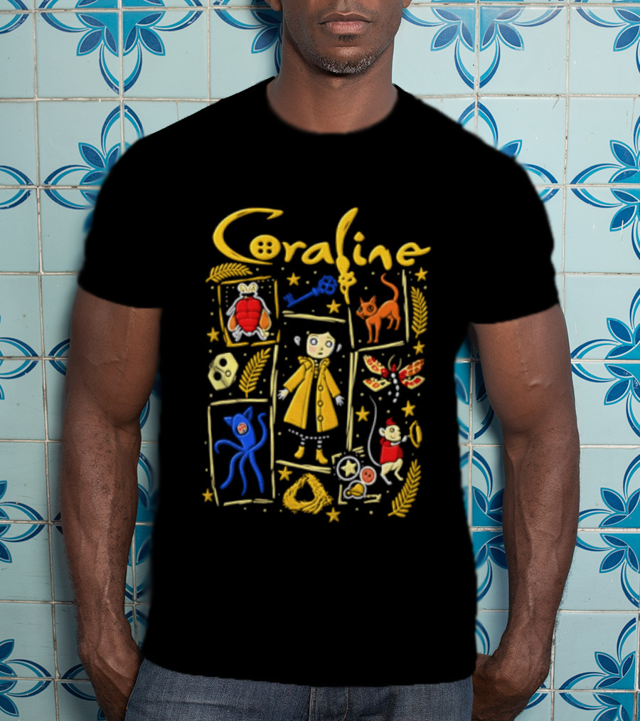 Coraline Characters Key Yellow Coat Cat Other Mother Neil Gaiman T-Shirt
