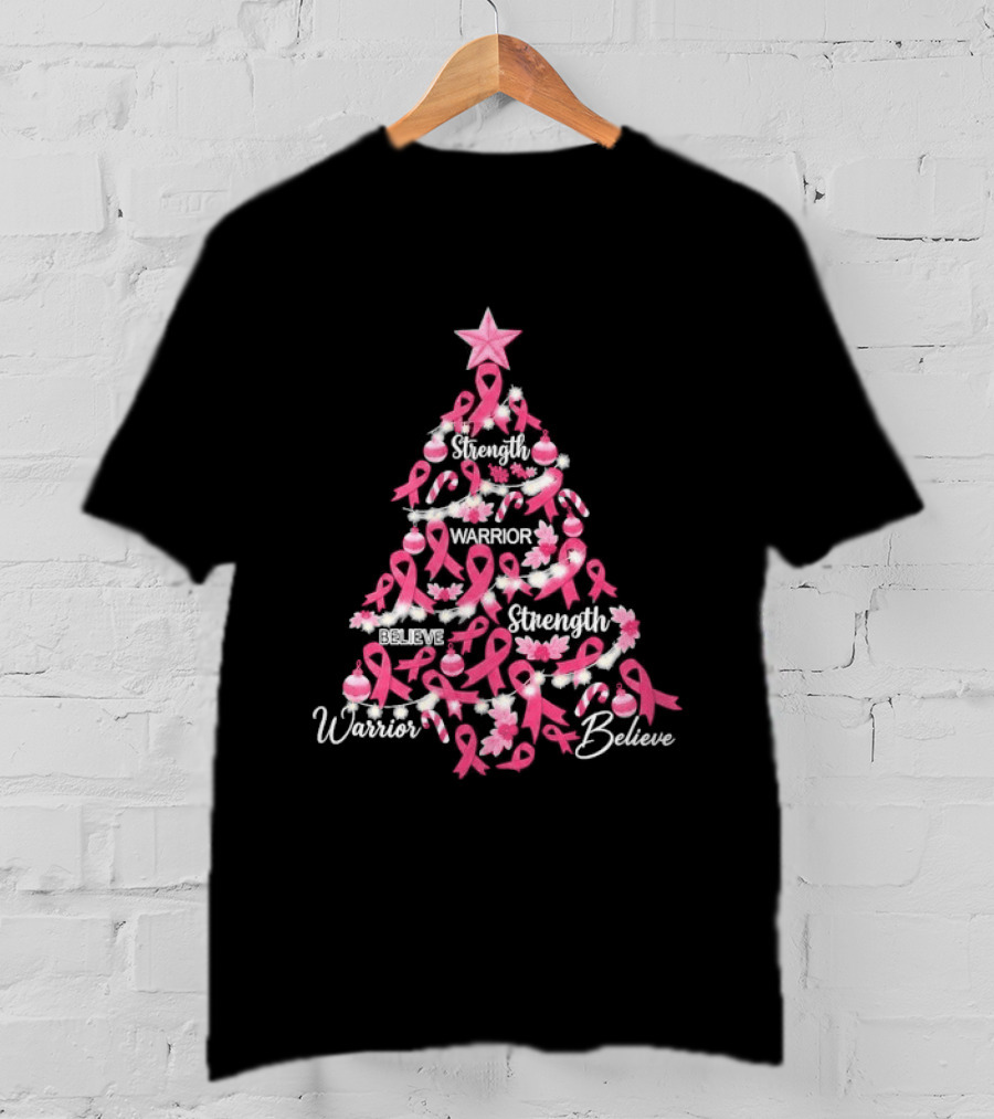 Warrior Strength Believe Breast Cancer Awareness Christmas Tree T-Shirt