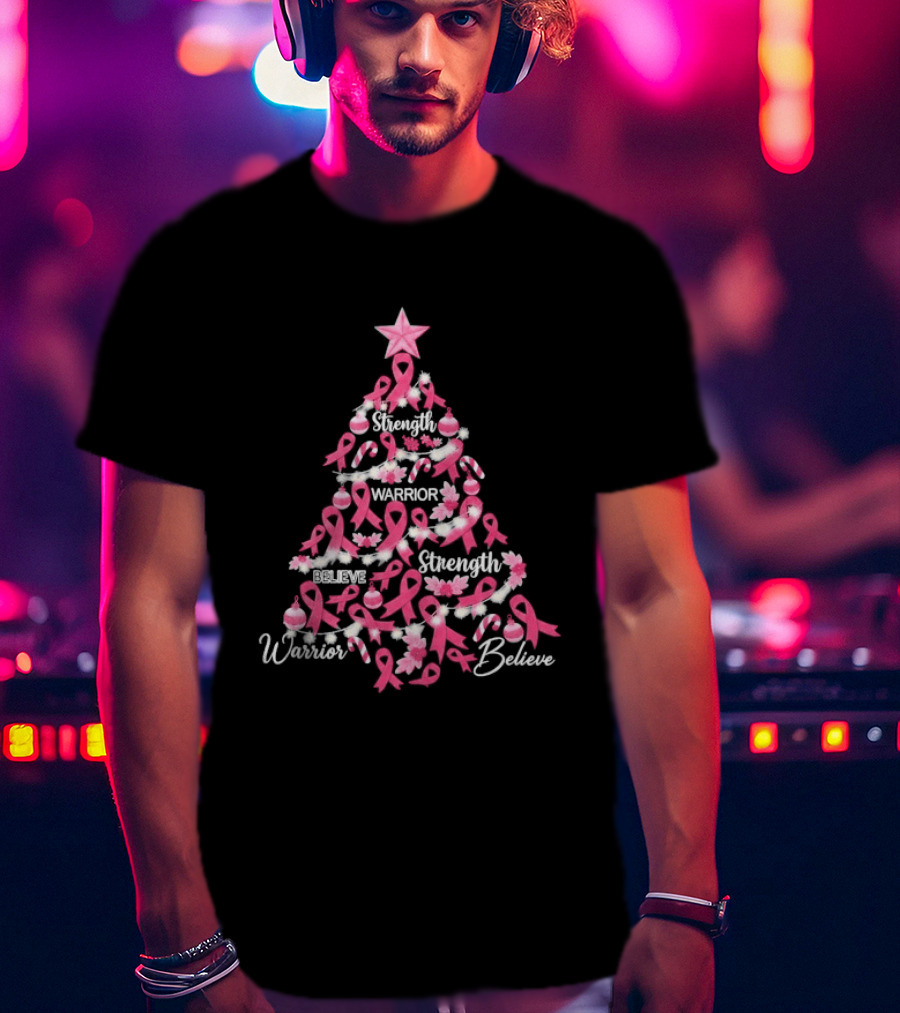 Warrior Strength Believe Breast Cancer Awareness Christmas Tree T-Shirt
