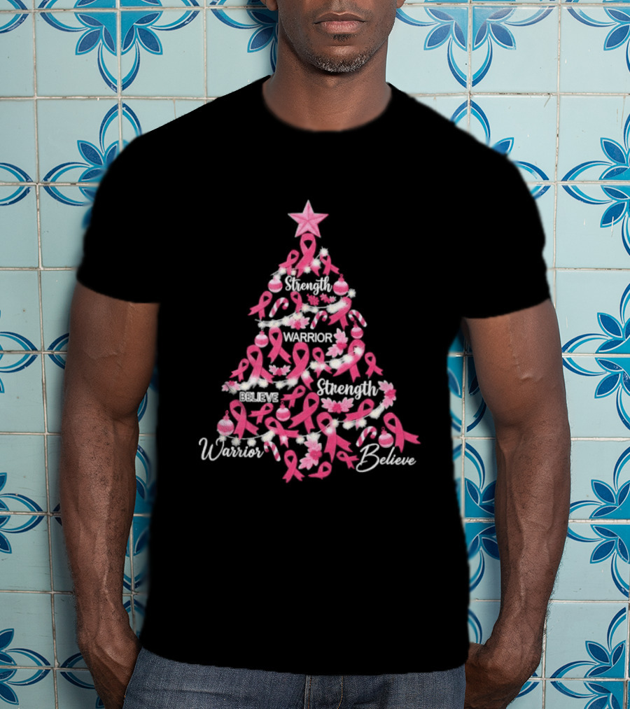 Warrior Strength Believe Breast Cancer Awareness Christmas Tree T-Shirt
