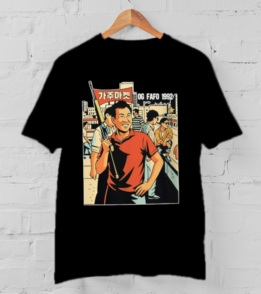 OG FAFO 1992 Rooftop Koreans Cartoon Characters Holding Flag And Rifle Urban Rooftop Scene T-Shirt