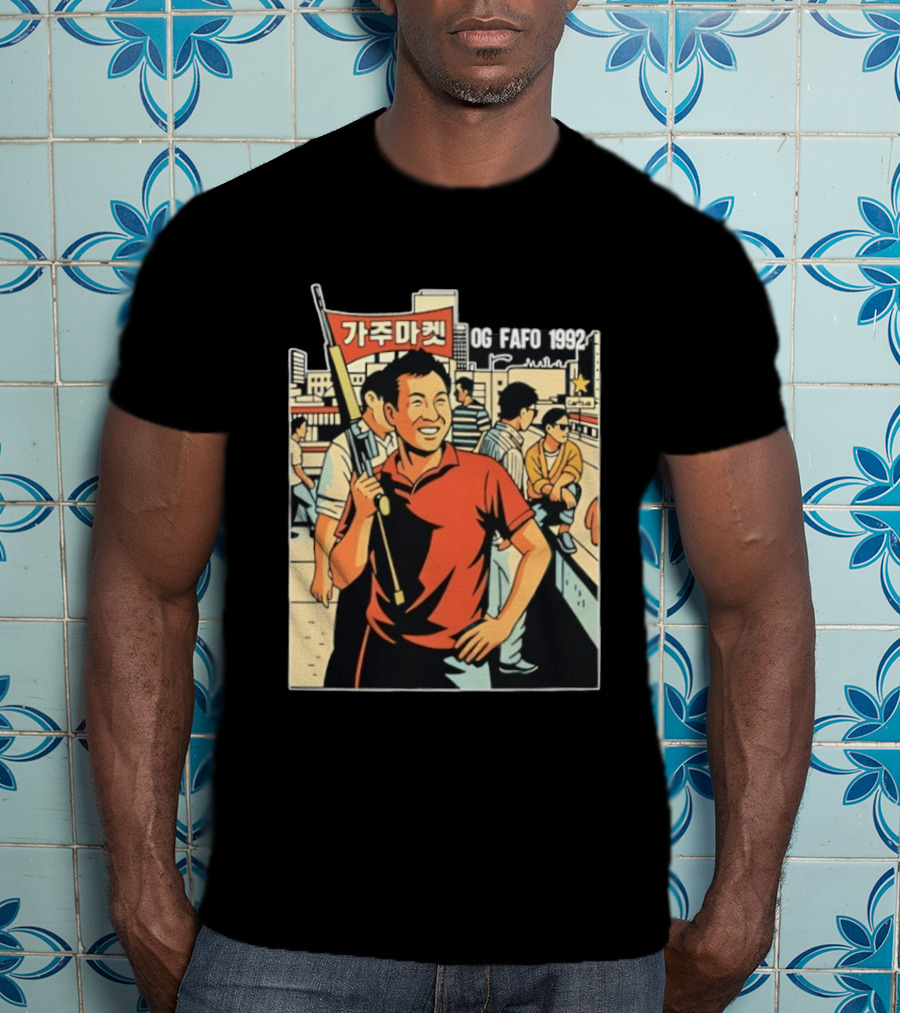 OG FAFO 1992 Rooftop Koreans Cartoon Characters Holding Flag And Rifle Urban Rooftop Scene T-Shirt