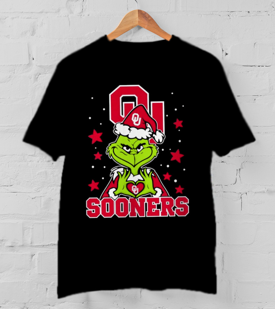 Oklahoma Sooners Grinch Christmas Heart Hands OU Santa Hat T-Shirt
